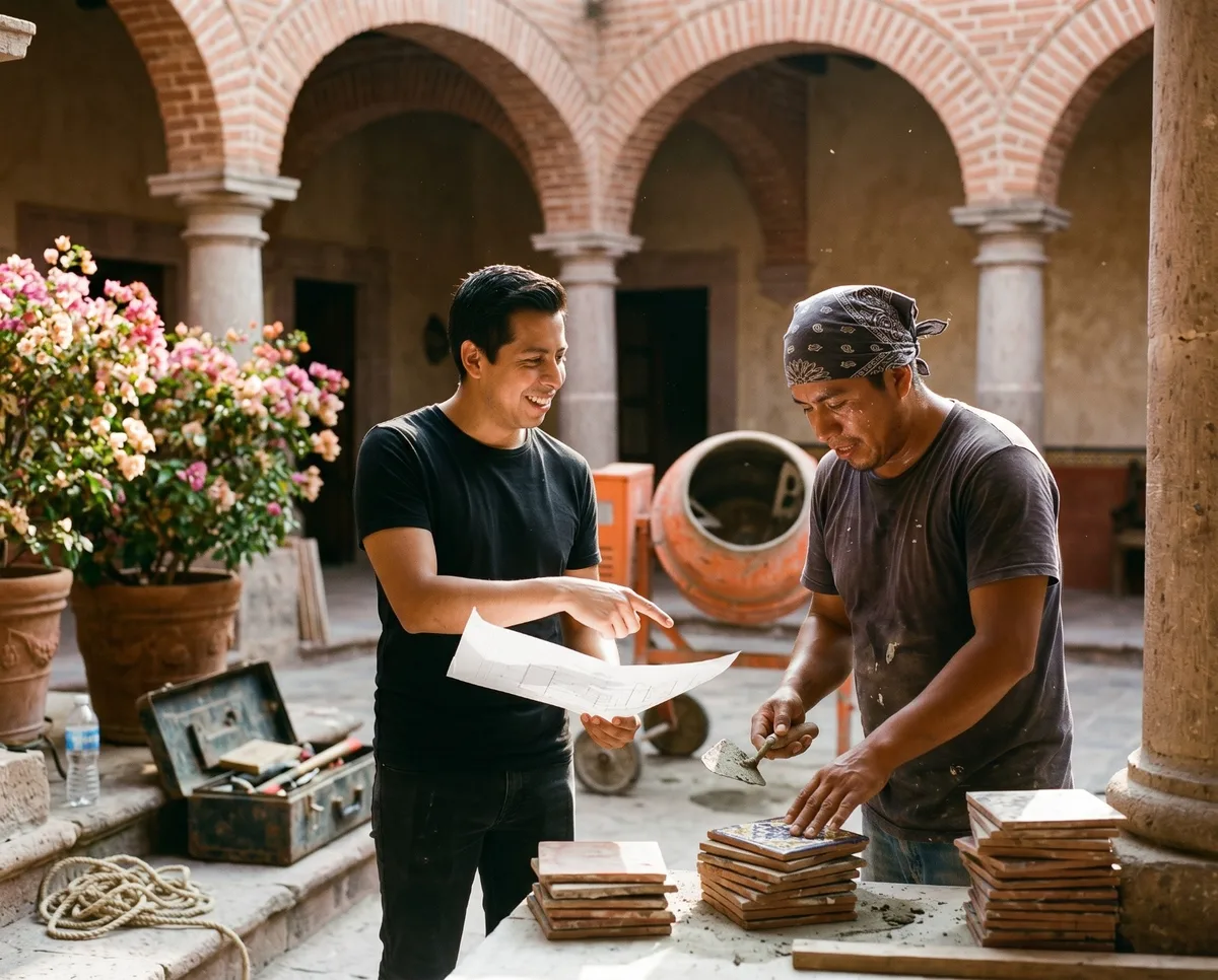 Architect Gustavo Adolfo Jiménez reviewing plans with a tile artisan on-site in San Miguel de Allende